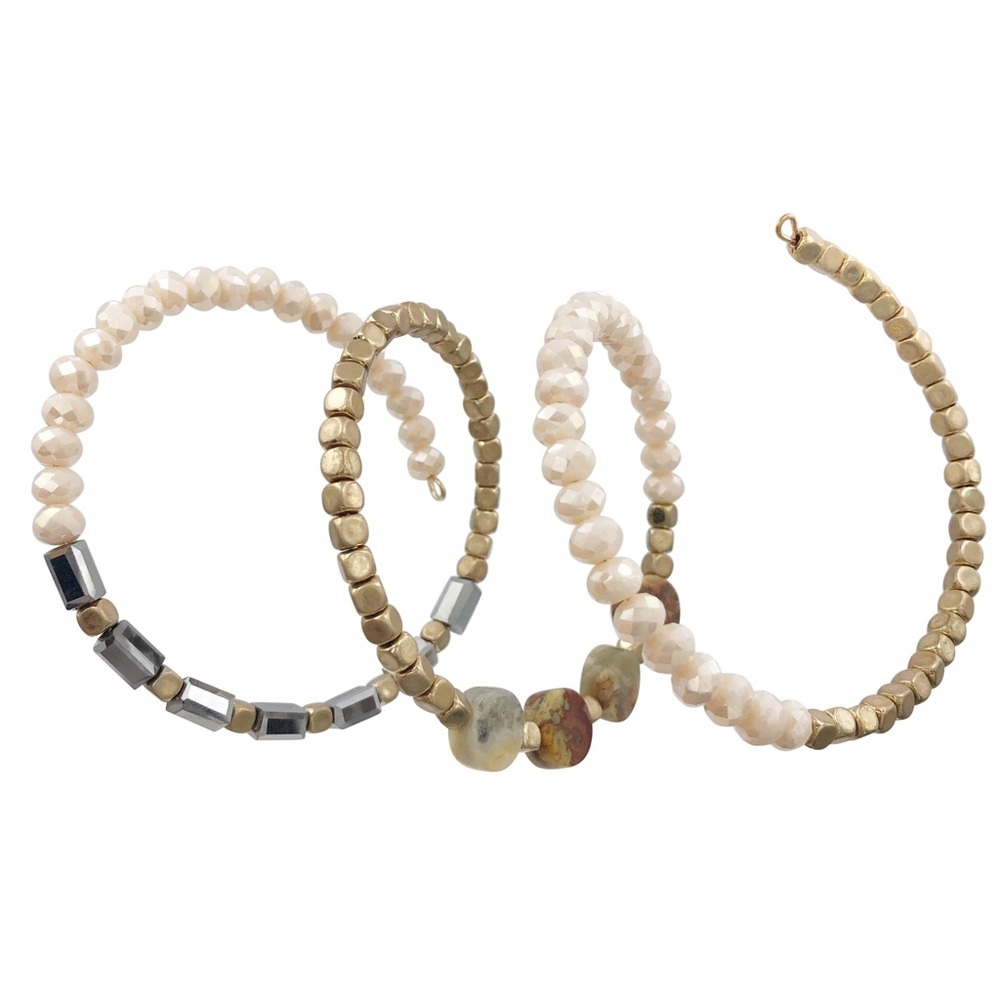 Cream Brown Tones Gold Glass & Stone Wrap Around Bead Layered Bangle Bracelet